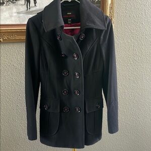 Miss Sixty Black Pea Coat with Wide Collar and Fitted Silhouette